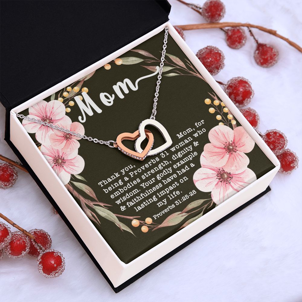 Interlocking Hearts CZ Crystal Rose/18K Gold Finish Necklace ~Proverbs 31:25-28~