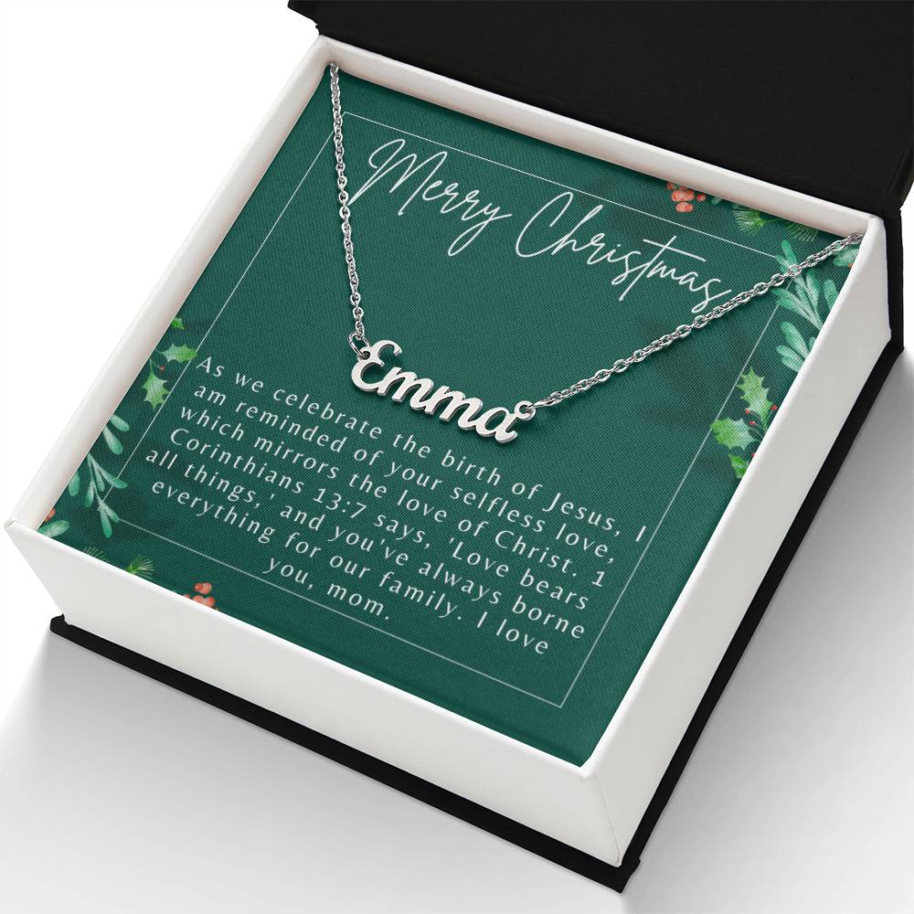 Personalised Name Necklace For Mom ~1 Corinthians 13:7~ (Horizontal)