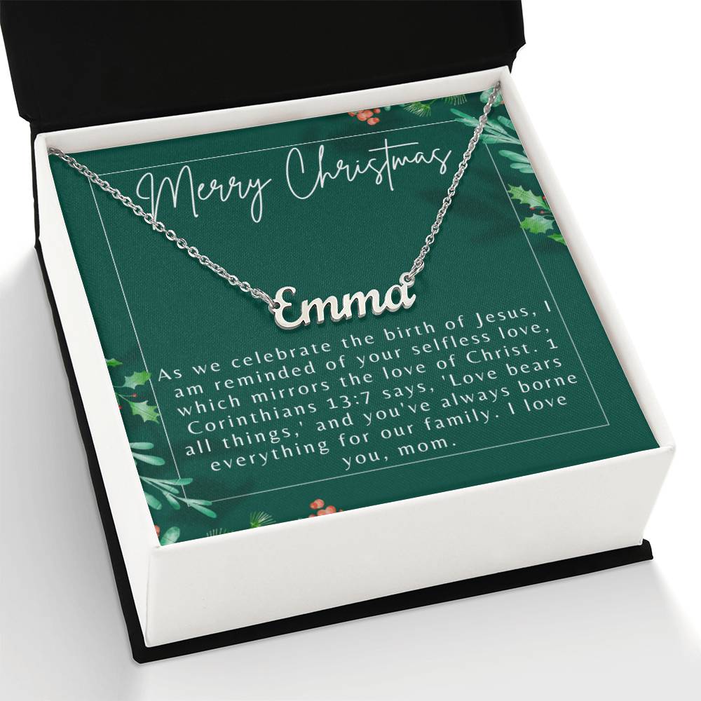 Personalised Name Necklace For Mom ~1 Corinthians 13:7~ (Horizontal)