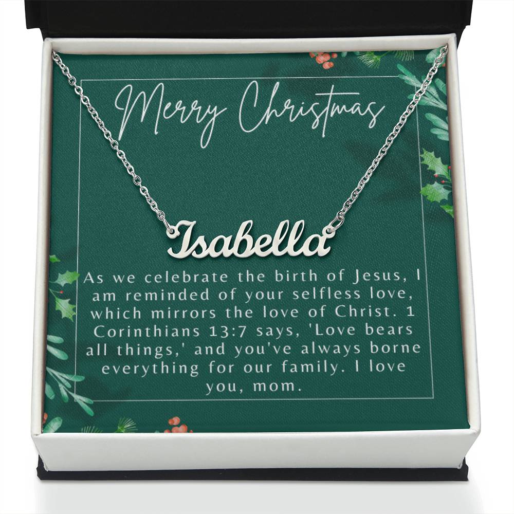 Personalised Name Necklace For Mom ~1 Corinthians 13:7~ (Horizontal)