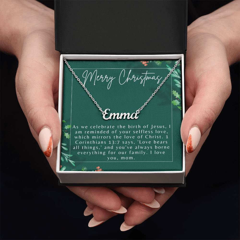 Personalised Name Necklace For Mom ~1 Corinthians 13:7~ (Horizontal)