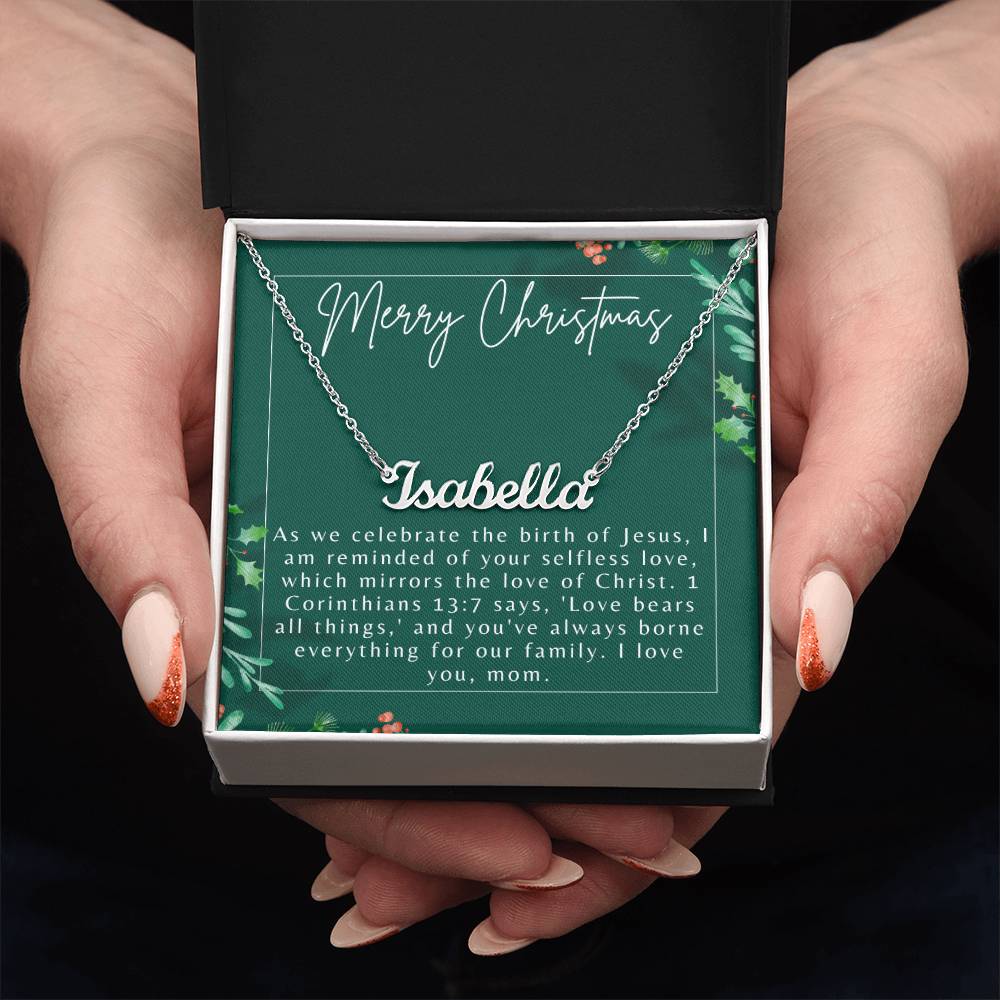 Personalised Name Necklace For Mom ~1 Corinthians 13:7~ (Horizontal)