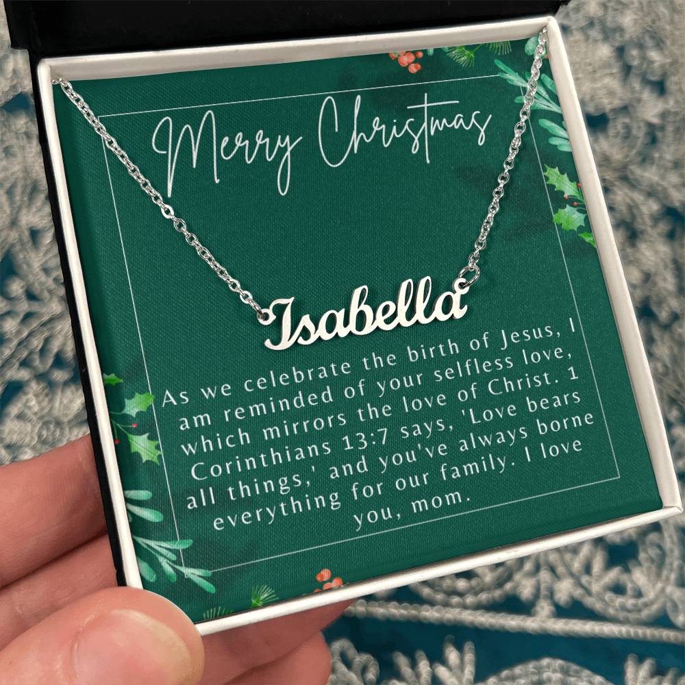 Personalised Name Necklace For Mom ~1 Corinthians 13:7~ (Horizontal)