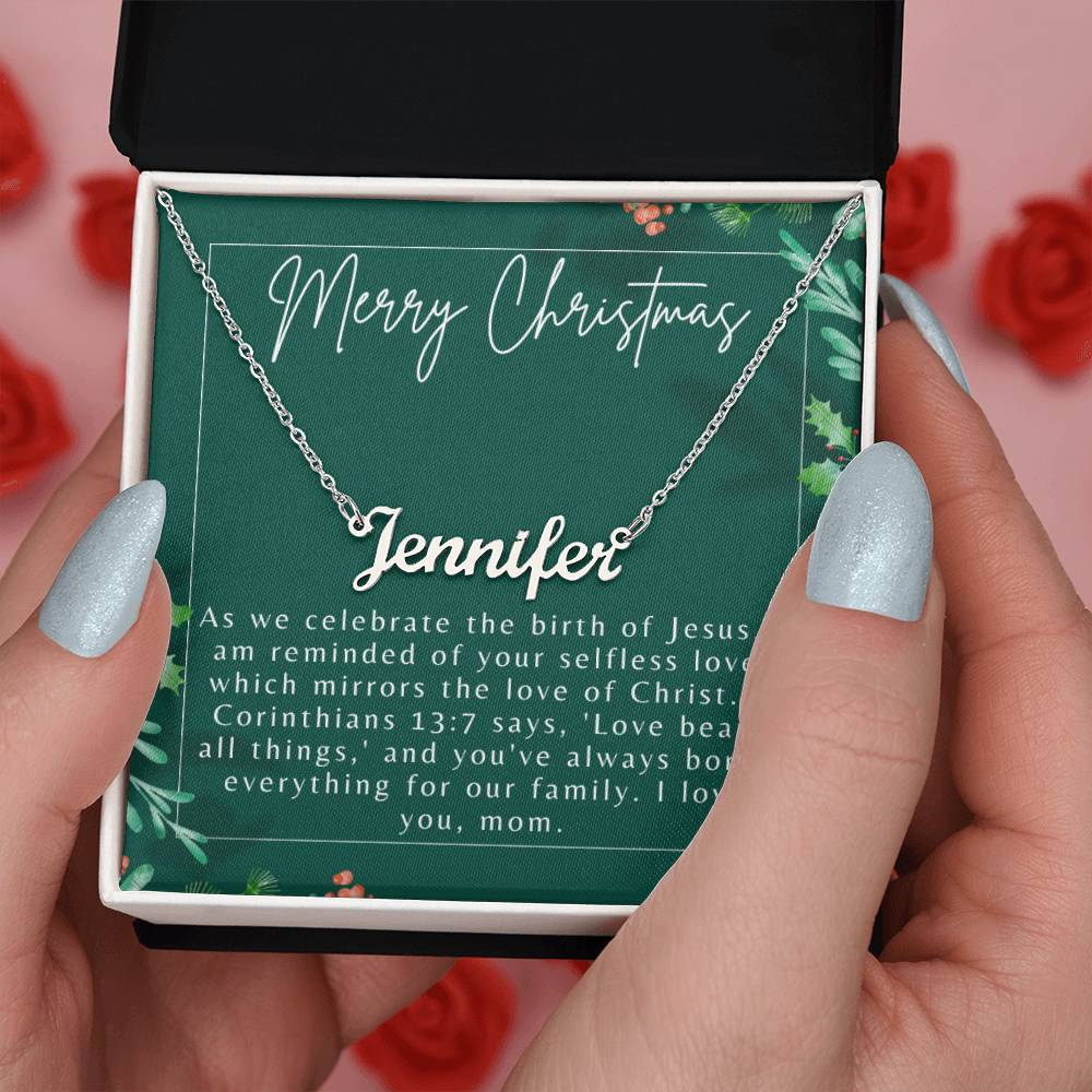 Personalised Name Necklace For Mom ~1 Corinthians 13:7~ (Horizontal)