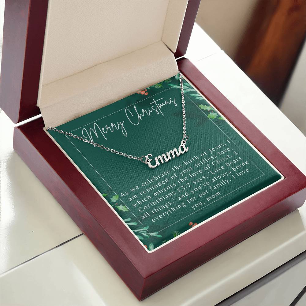 Personalised Name Necklace For Mom ~1 Corinthians 13:7~ (Horizontal)