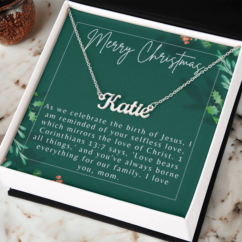 Personalised Name Necklace For Mom ~1 Corinthians 13:7~ (Horizontal)