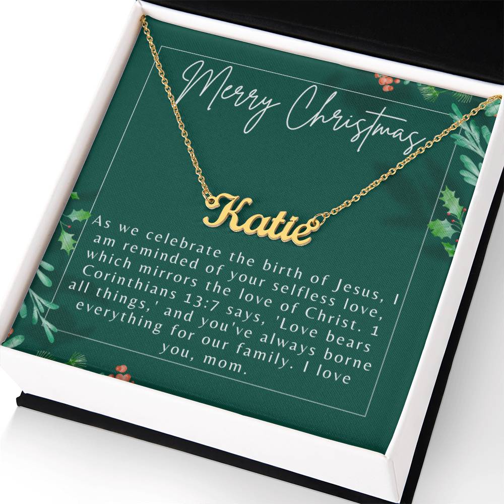 Personalised Name Necklace For Mom ~1 Corinthians 13:7~ (Horizontal)
