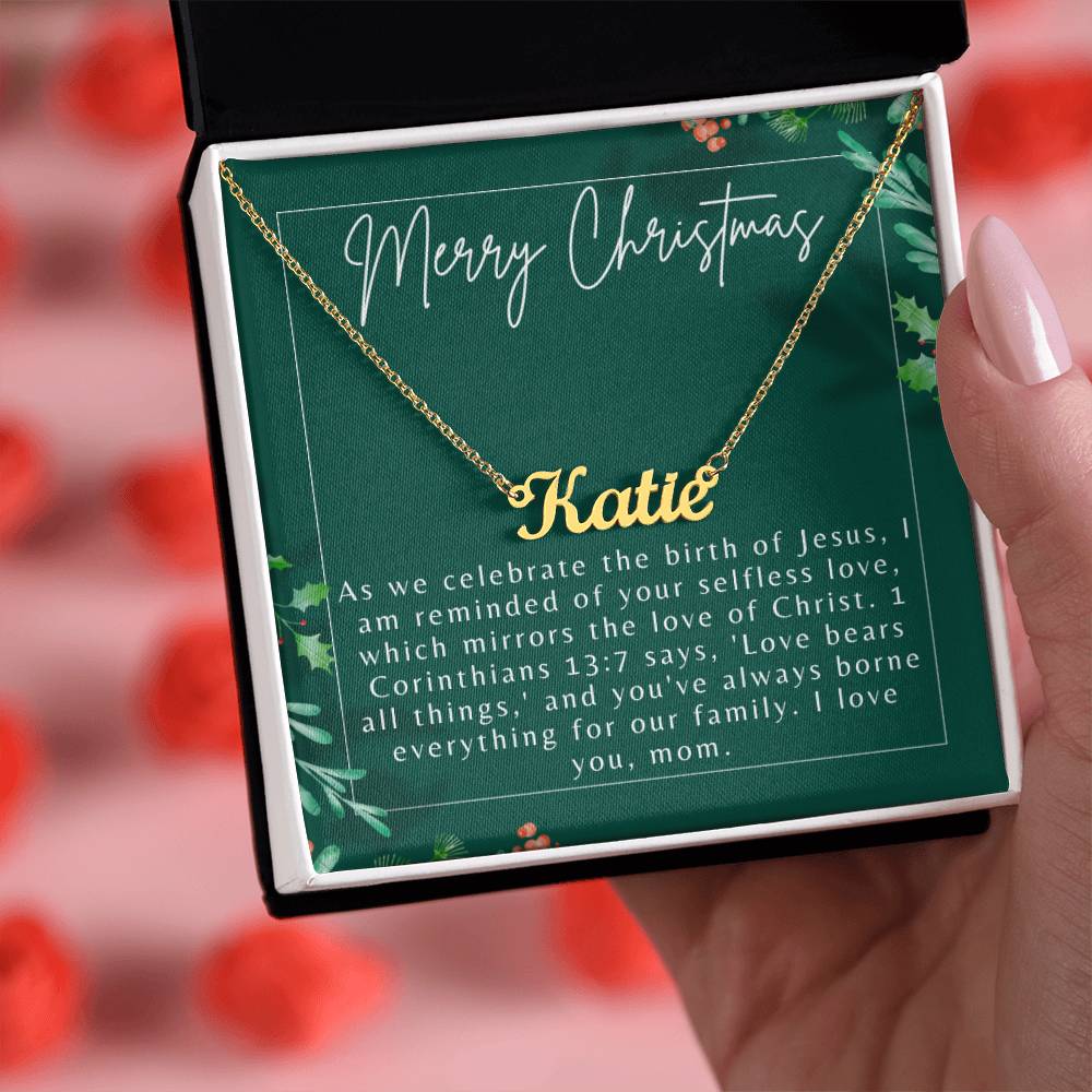 Personalised Name Necklace For Mom ~1 Corinthians 13:7~ (Horizontal)