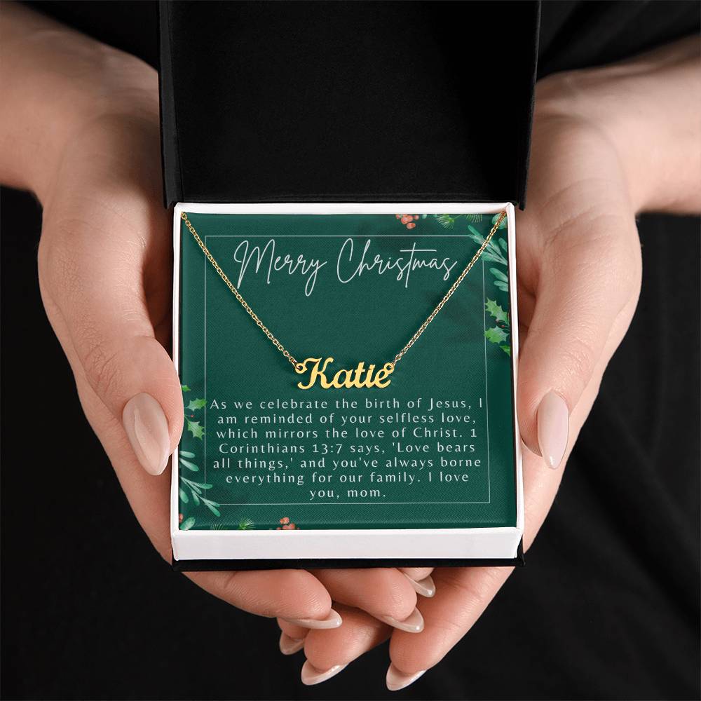 Personalised Name Necklace For Mom ~1 Corinthians 13:7~ (Horizontal)