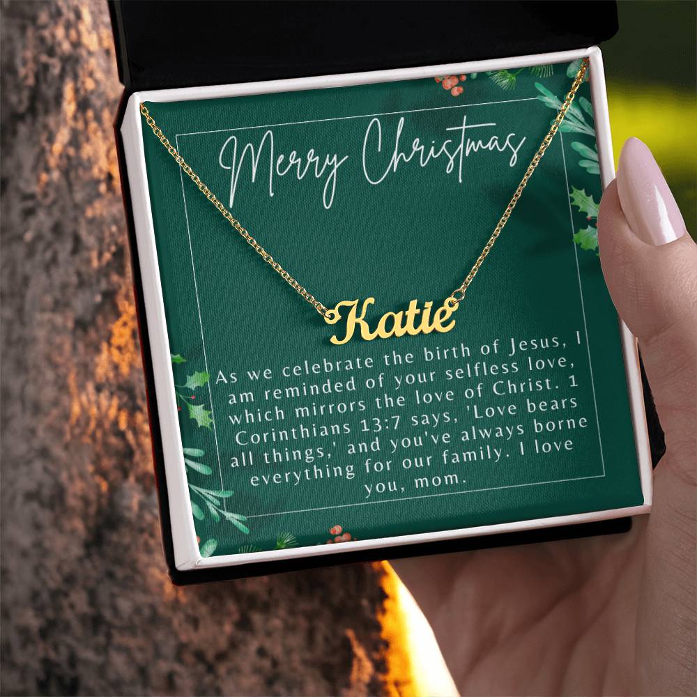 Personalised Name Necklace For Mom ~1 Corinthians 13:7~ (Horizontal)