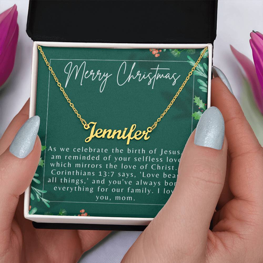 Personalised Name Necklace For Mom ~1 Corinthians 13:7~ (Horizontal)