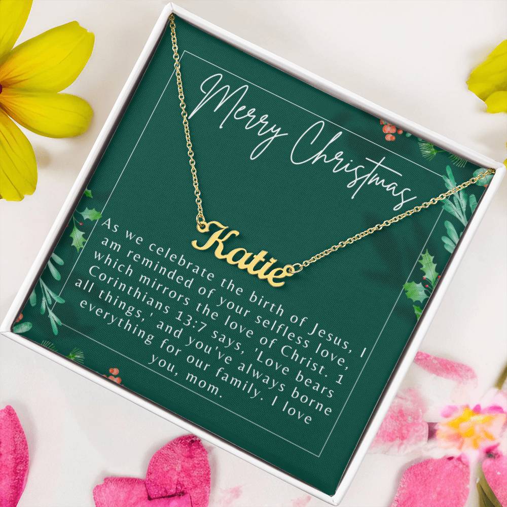 Personalised Name Necklace For Mom ~1 Corinthians 13:7~ (Horizontal)
