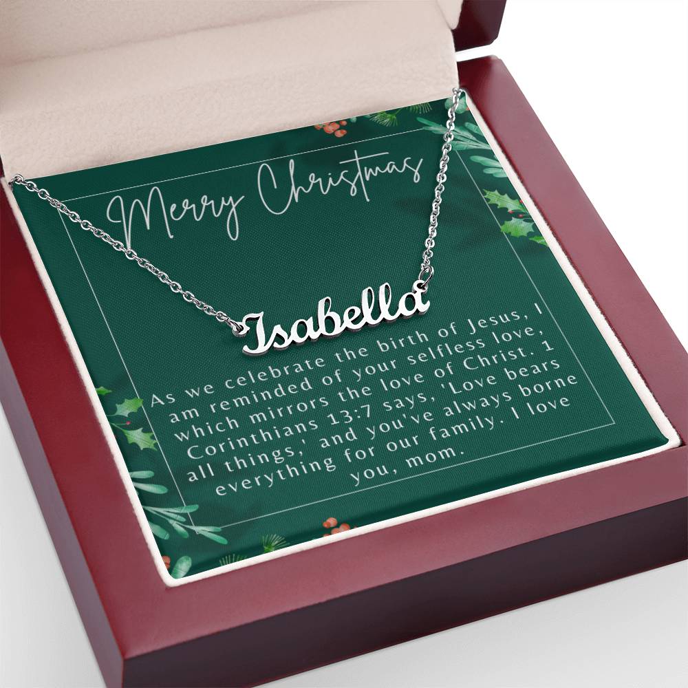 Personalised Name Necklace For Mom ~1 Corinthians 13:7~ (Horizontal)
