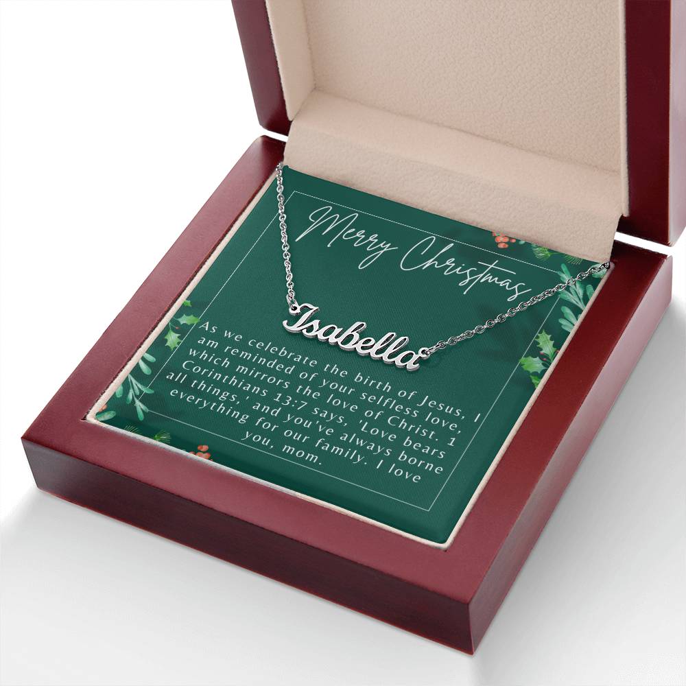 Personalised Name Necklace For Mom ~1 Corinthians 13:7~ (Horizontal)