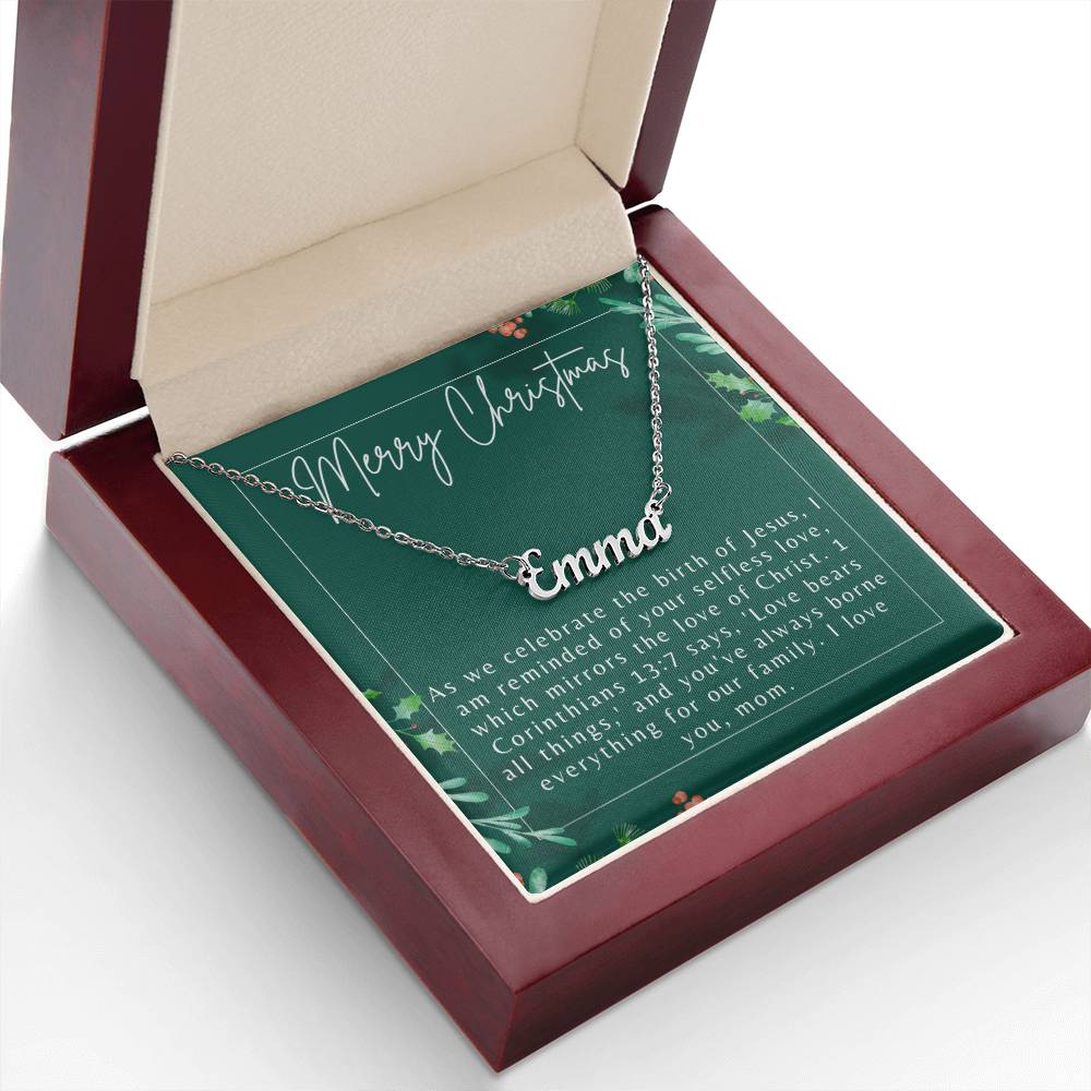 Personalised Name Necklace For Mom ~1 Corinthians 13:7~ (Horizontal)