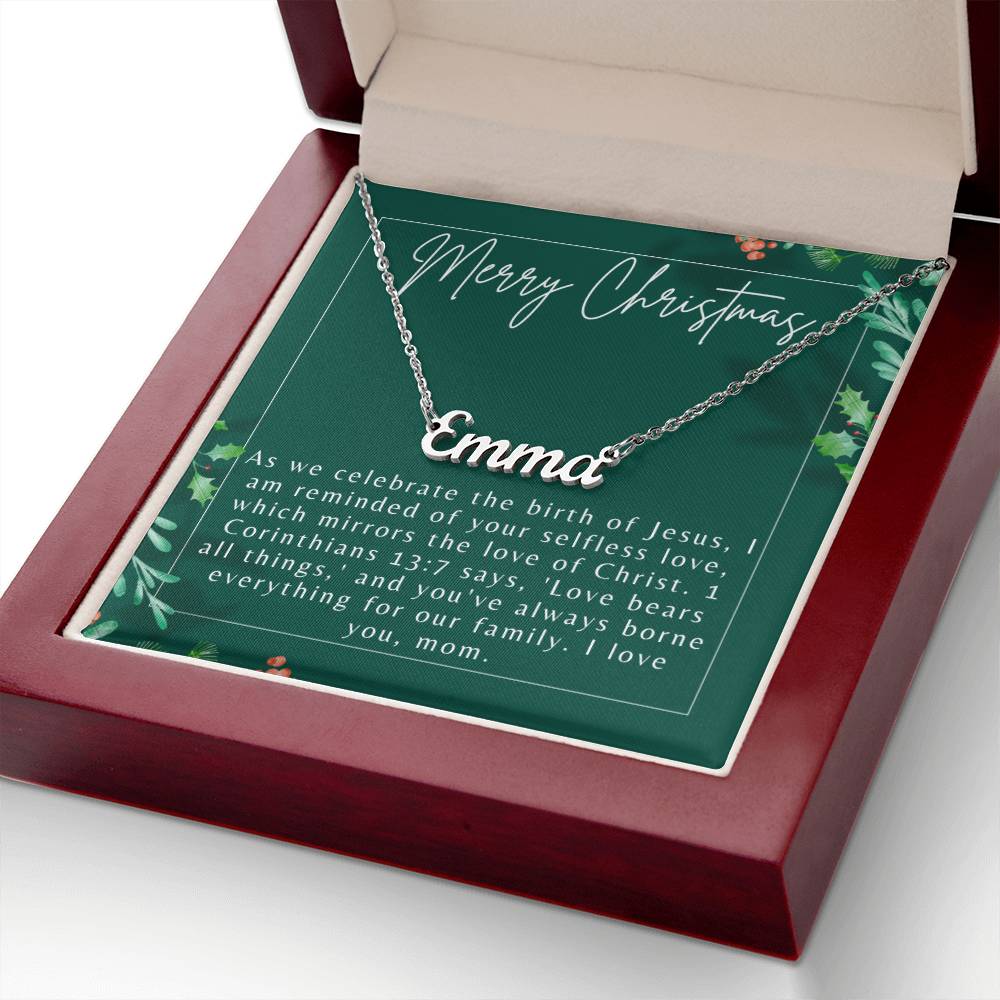 Personalised Name Necklace For Mom ~1 Corinthians 13:7~ (Horizontal)