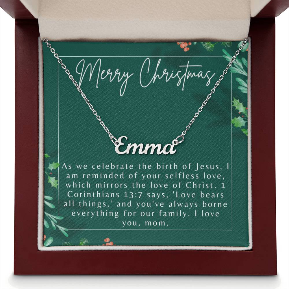 Personalised Name Necklace For Mom ~1 Corinthians 13:7~ (Horizontal)