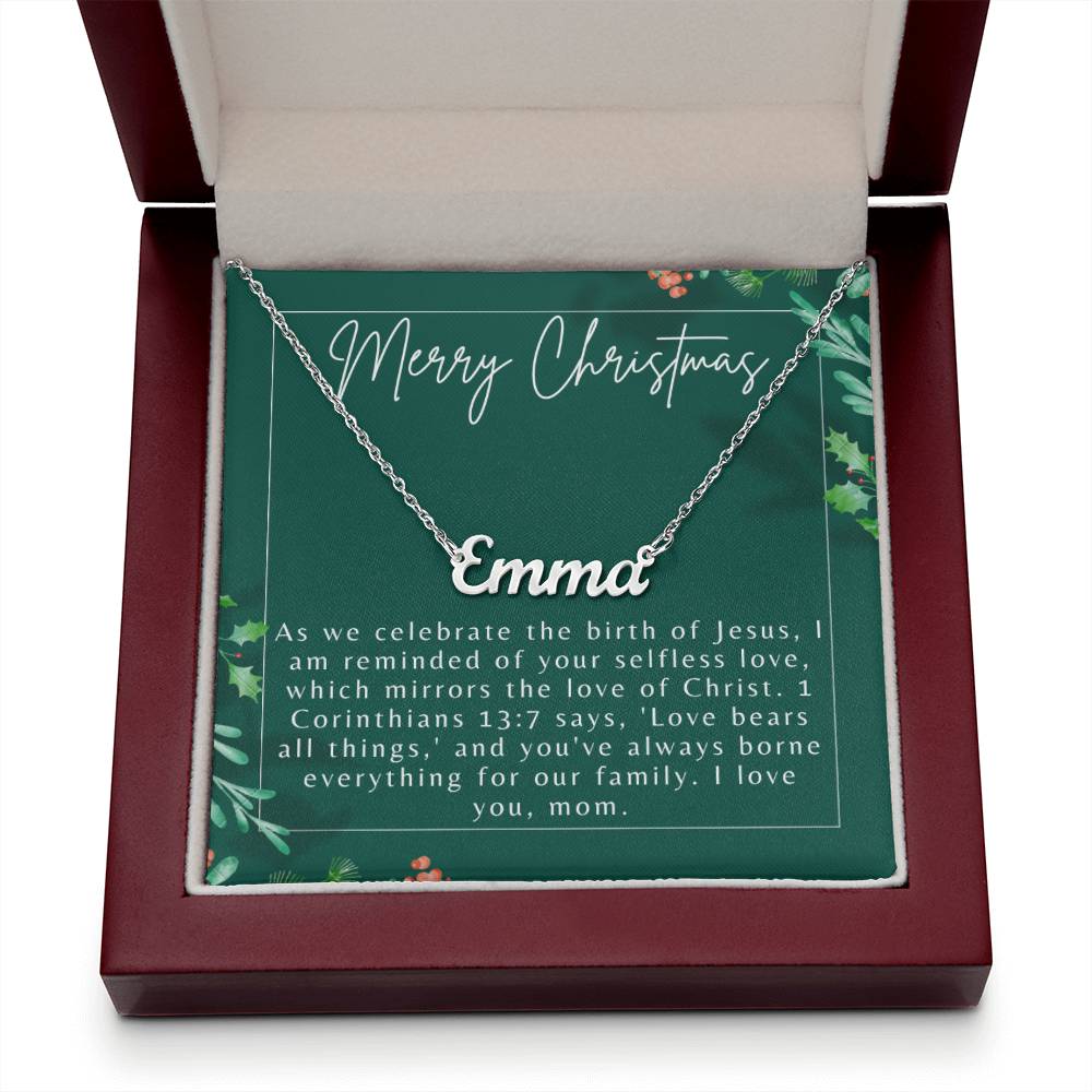 Personalised Name Necklace For Mom ~1 Corinthians 13:7~ (Horizontal)