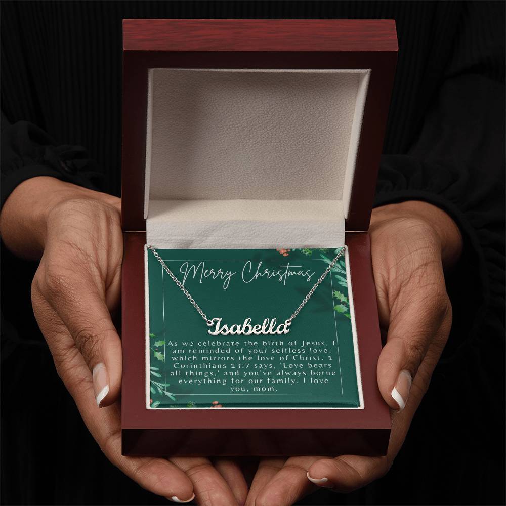 Personalised Name Necklace For Mom ~1 Corinthians 13:7~ (Horizontal)