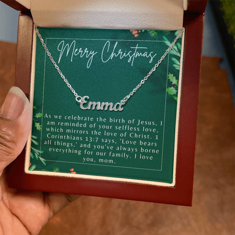 Personalised Name Necklace For Mom ~1 Corinthians 13:7~ (Horizontal)