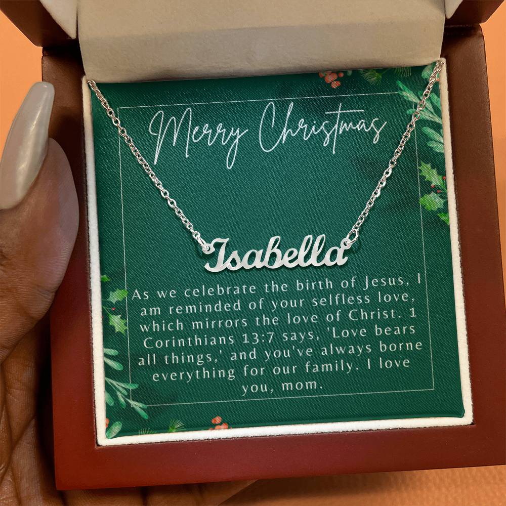 Personalised Name Necklace For Mom ~1 Corinthians 13:7~ (Horizontal)
