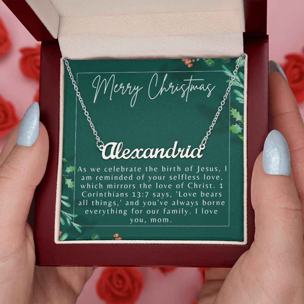 Personalised Name Necklace For Mom ~1 Corinthians 13:7~ (Horizontal)