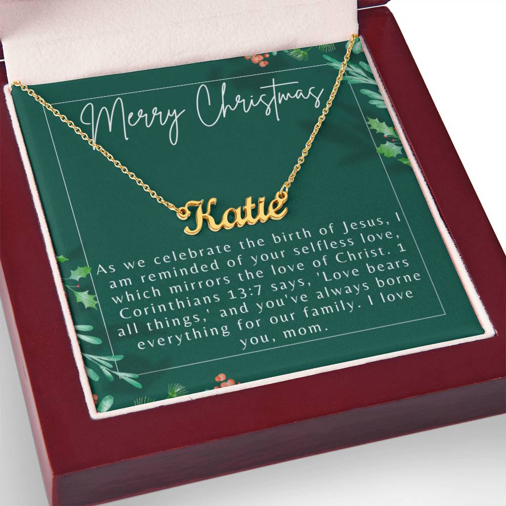 Personalised Name Necklace For Mom ~1 Corinthians 13:7~ (Horizontal)