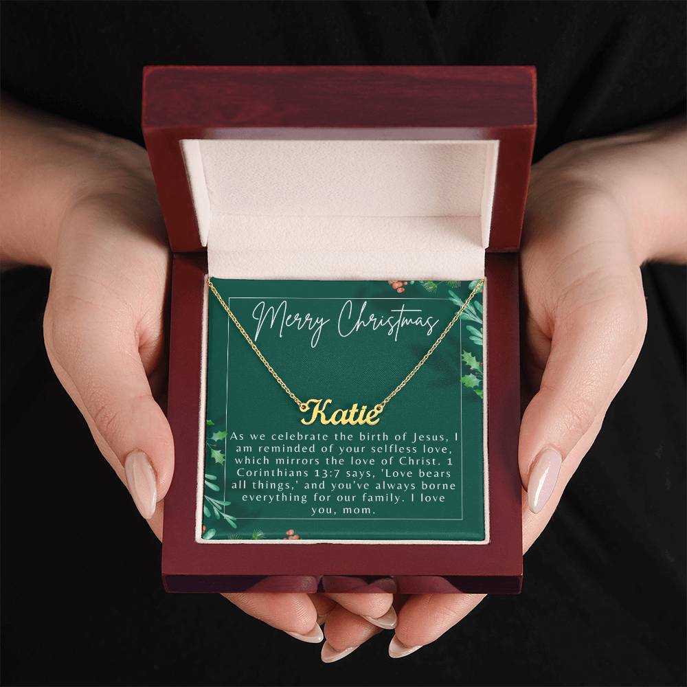 Personalised Name Necklace For Mom ~1 Corinthians 13:7~ (Horizontal)