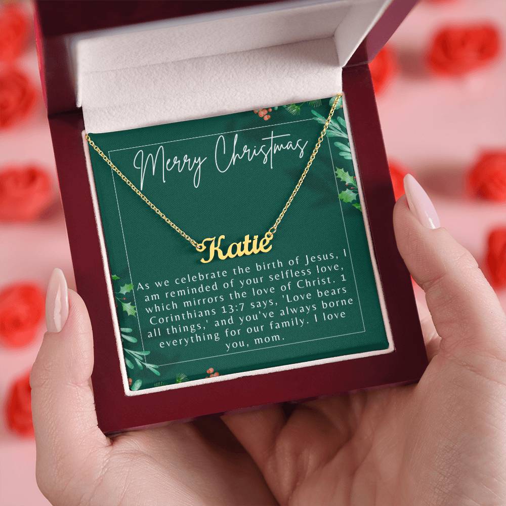 Personalised Name Necklace For Mom ~1 Corinthians 13:7~ (Horizontal)