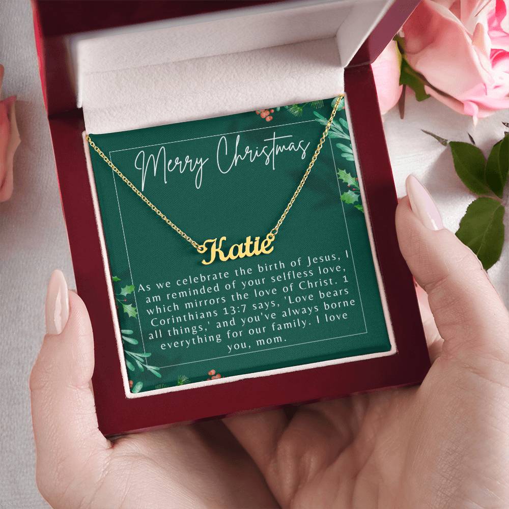 Personalised Name Necklace For Mom ~1 Corinthians 13:7~ (Horizontal)