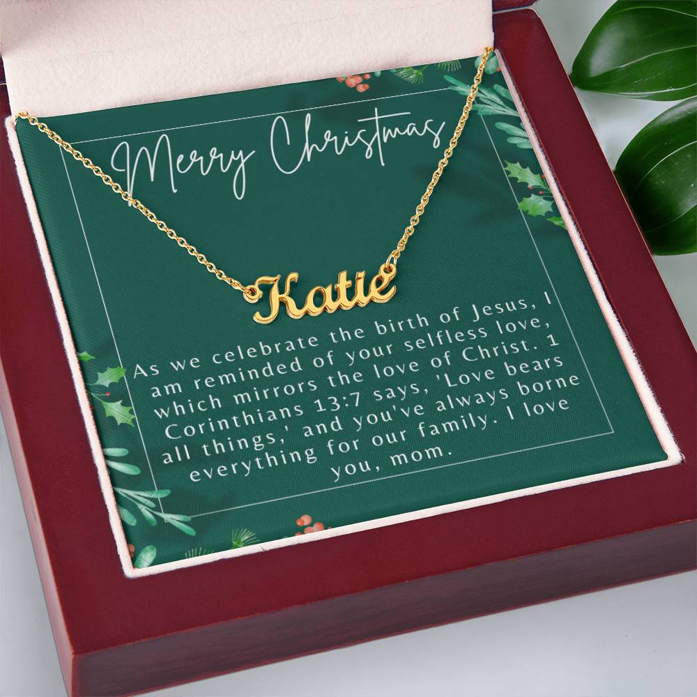 Personalised Name Necklace For Mom ~1 Corinthians 13:7~ (Horizontal)