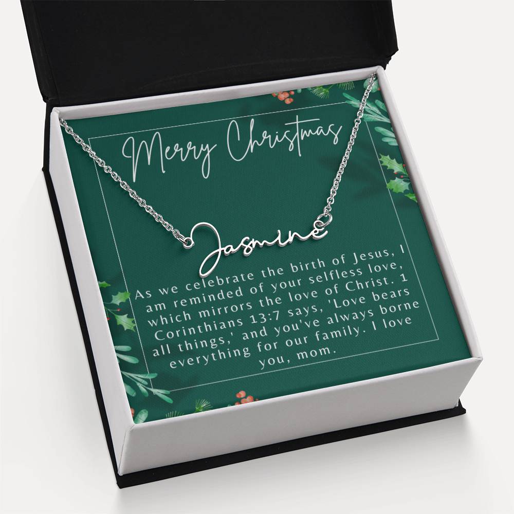 Personalised Name Necklace For Mom ~1 Corinthians 13:7~ (Signature Font)