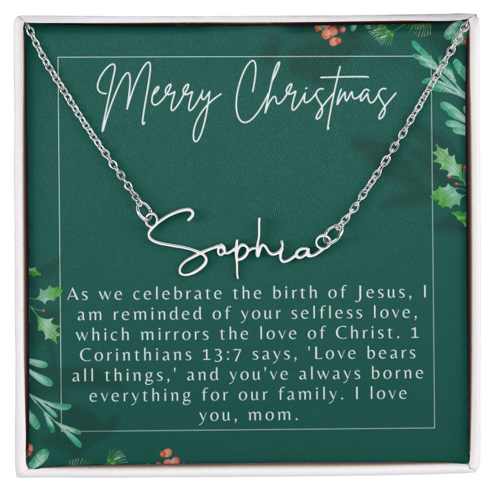 Personalised Name Necklace For Mom ~1 Corinthians 13:7~ (Signature Font)
