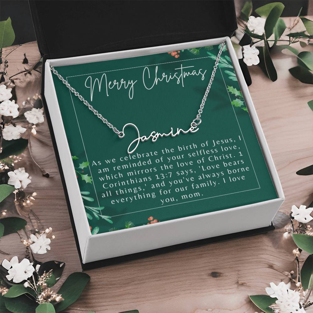 Personalised Name Necklace For Mom ~1 Corinthians 13:7~ (Signature Font)
