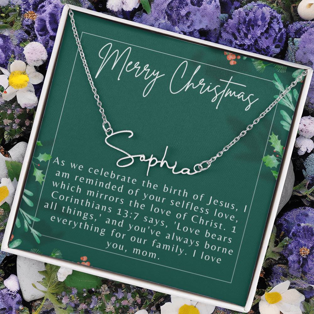 Personalised Name Necklace For Mom ~1 Corinthians 13:7~ (Signature Font)