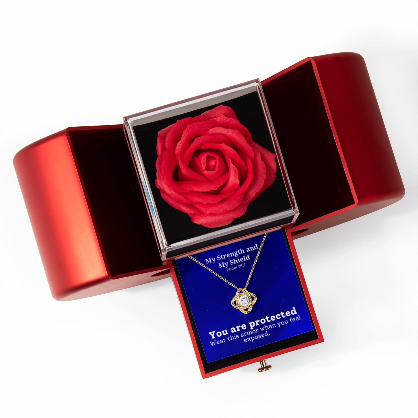 My Strength and My Shield (Psalm 28:7) | Love Knot Necklace in Red Heart Rose Box