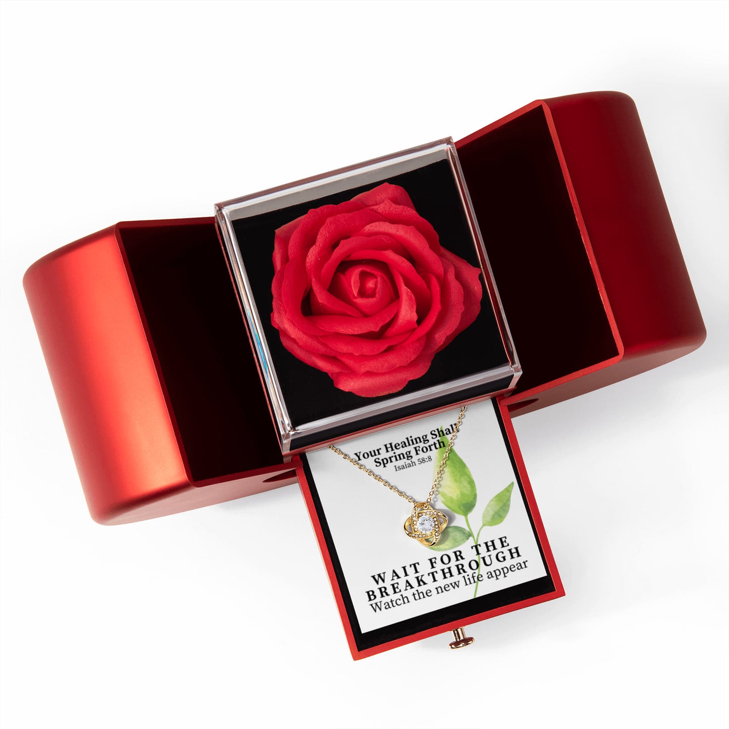 Your Healing Shall Spring Forth (Isaiah 58:8) | Love Knot Necklace in Red Heart Rose Box