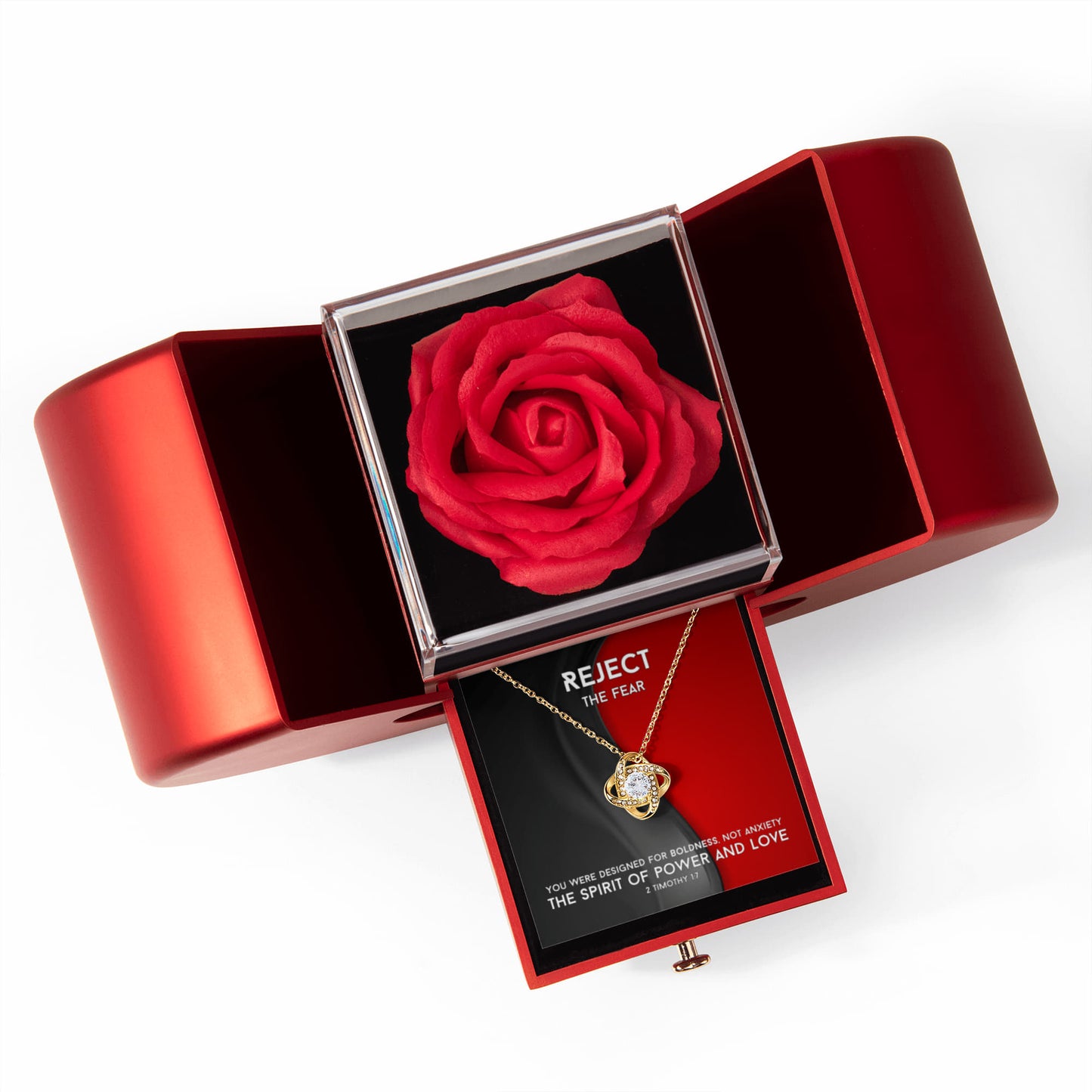 The Spirit Of Power And Love (2 Timothy 1:7) | Love Knot Necklace in Red Heart Rose Box