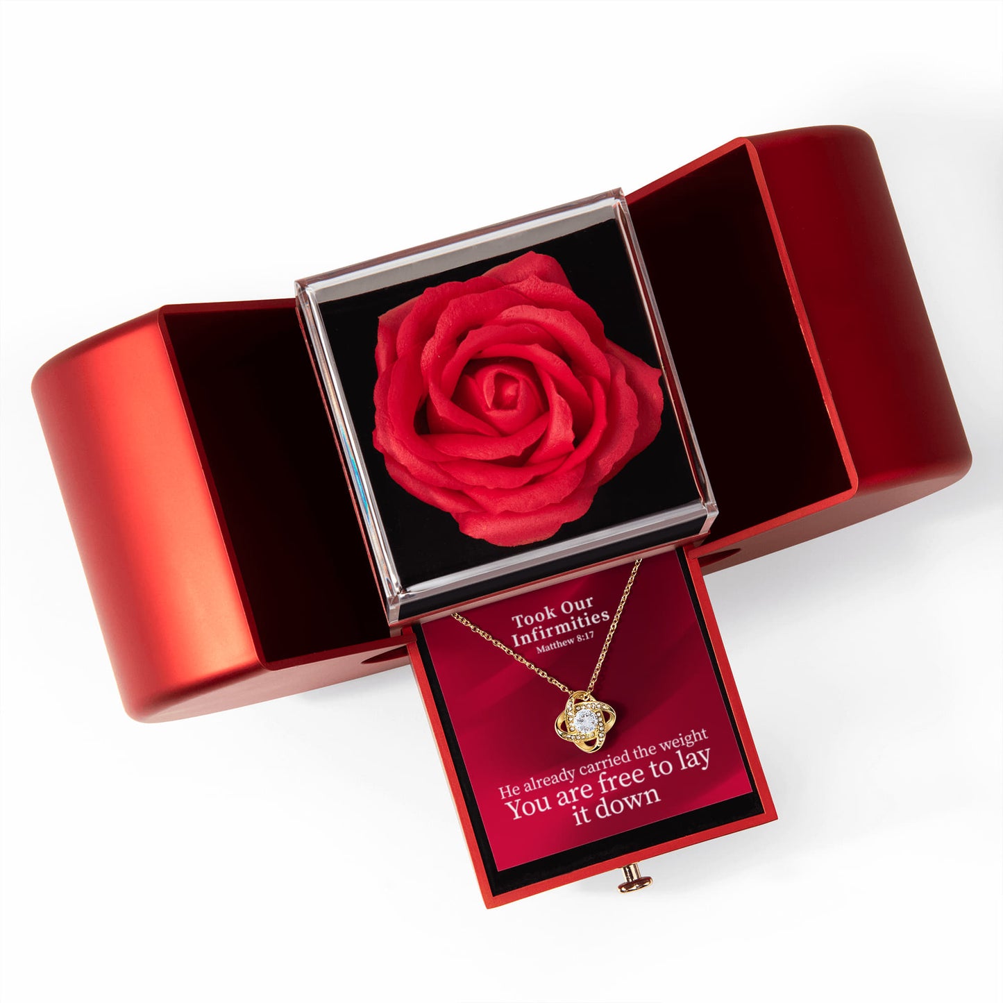 Took Our Infirmities (Matthew :17) | Love Knot Necklace in Red Heart Rose Box