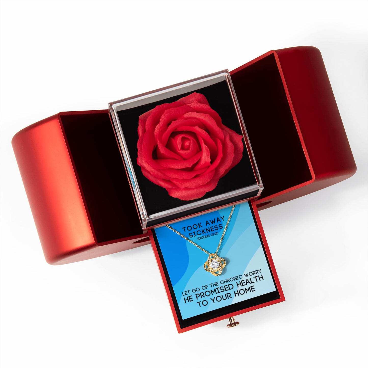 Took Away Sickness (Exodus 23:25) | Love Knot Necklace in Red Heart Rose Box