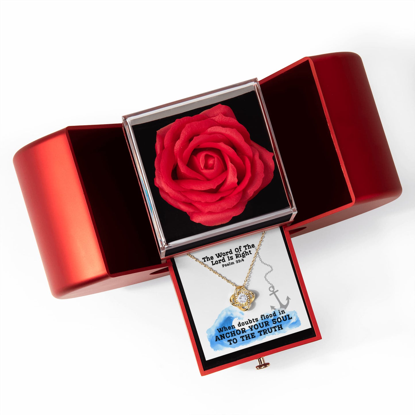 The Word Of The Lord Is Right (Psalm 33:4) | Love Knot Necklace in Red Heart Rose Box