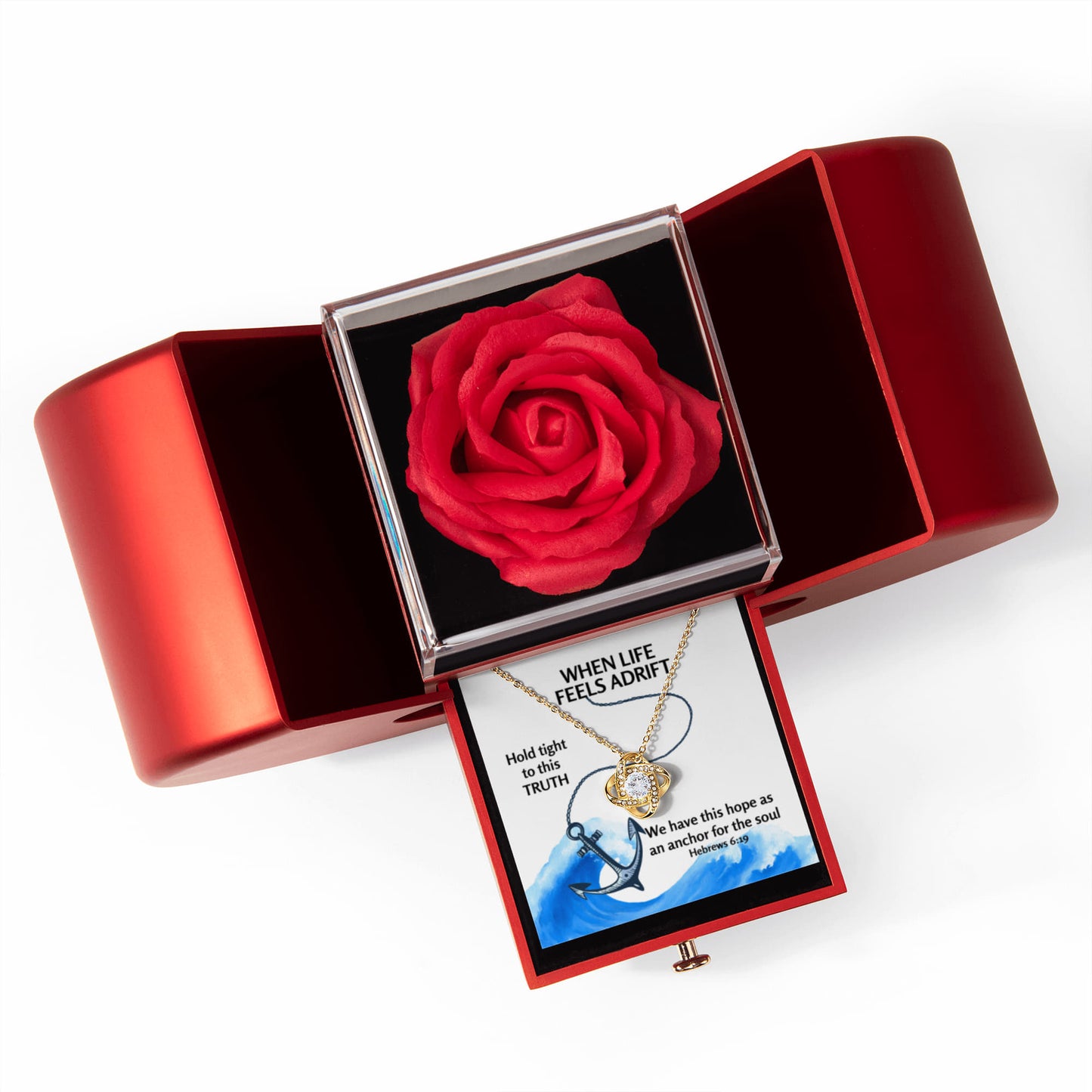 Hope Anchors The Soul (Hebrews 6:19) | Love Knot Necklace in Red Heart Rose Box