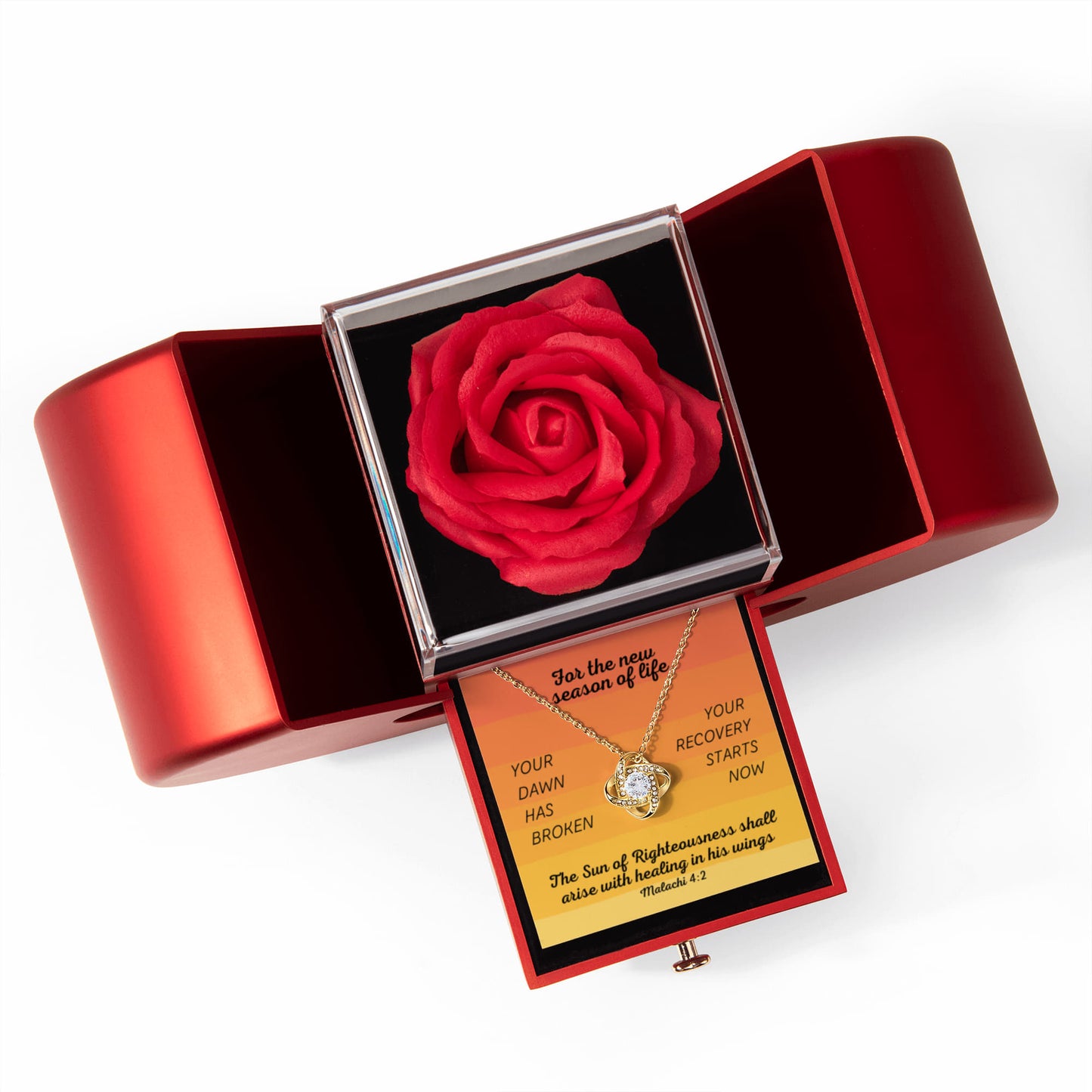 Healing In His Wings (Malachi 4:2) | Love Knot Necklace in Red Heart Rose Box