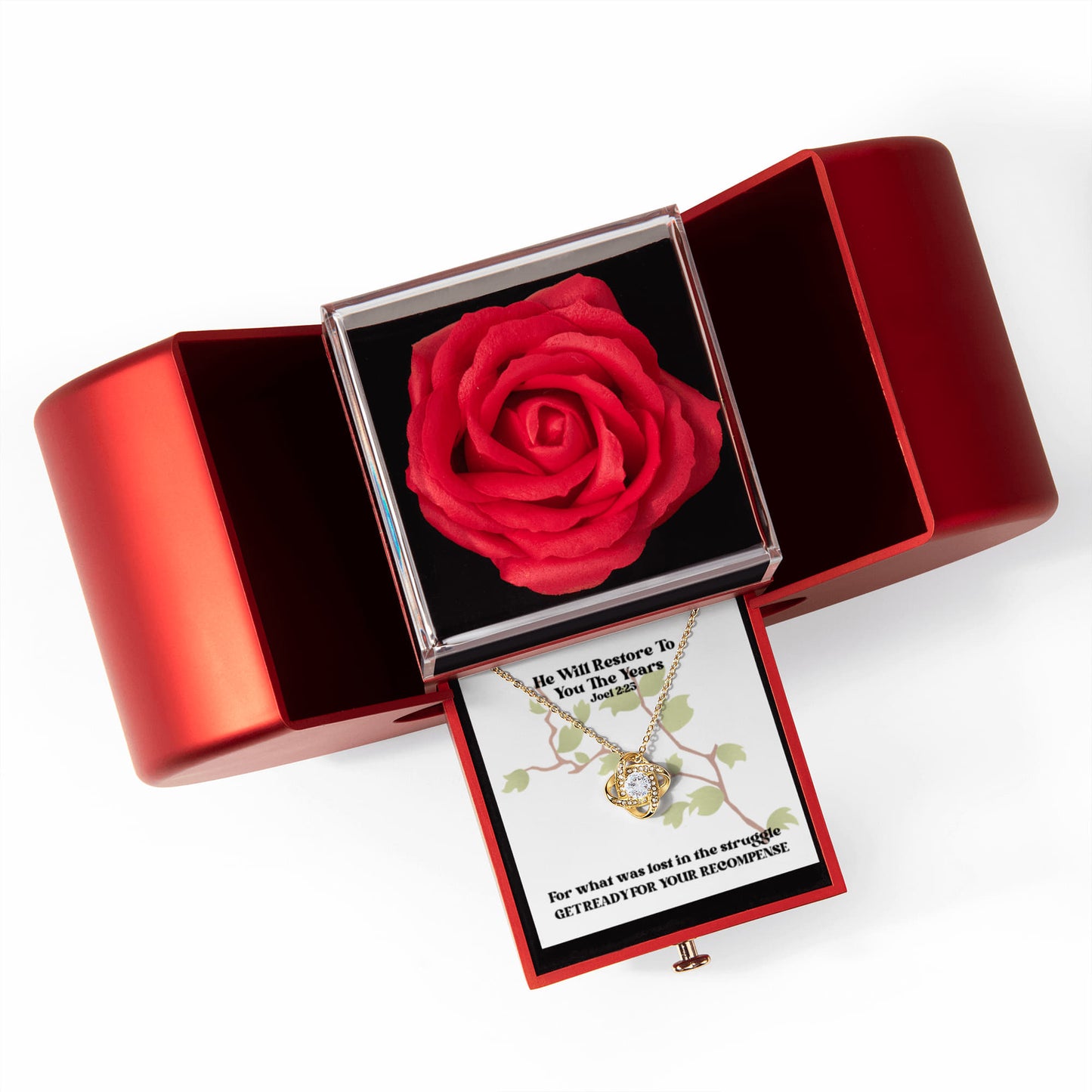 He Will Restore To You The Years (Joel 2:25) | Love Knot Necklace in Red Heart Rose Box