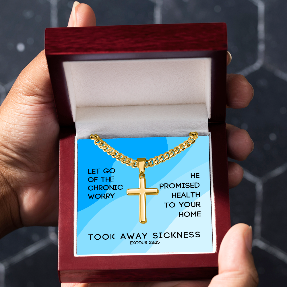 Took Away Sickness (Exodus 23:25) | Premium Sterling Silver Cuban Link Cross Necklace