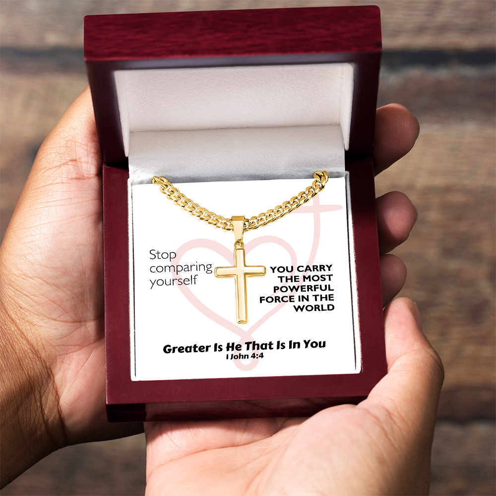 Greater Is He That Is In You (1 John 4:4) | Premium Sterling Silver Cuban Link Cross Necklace