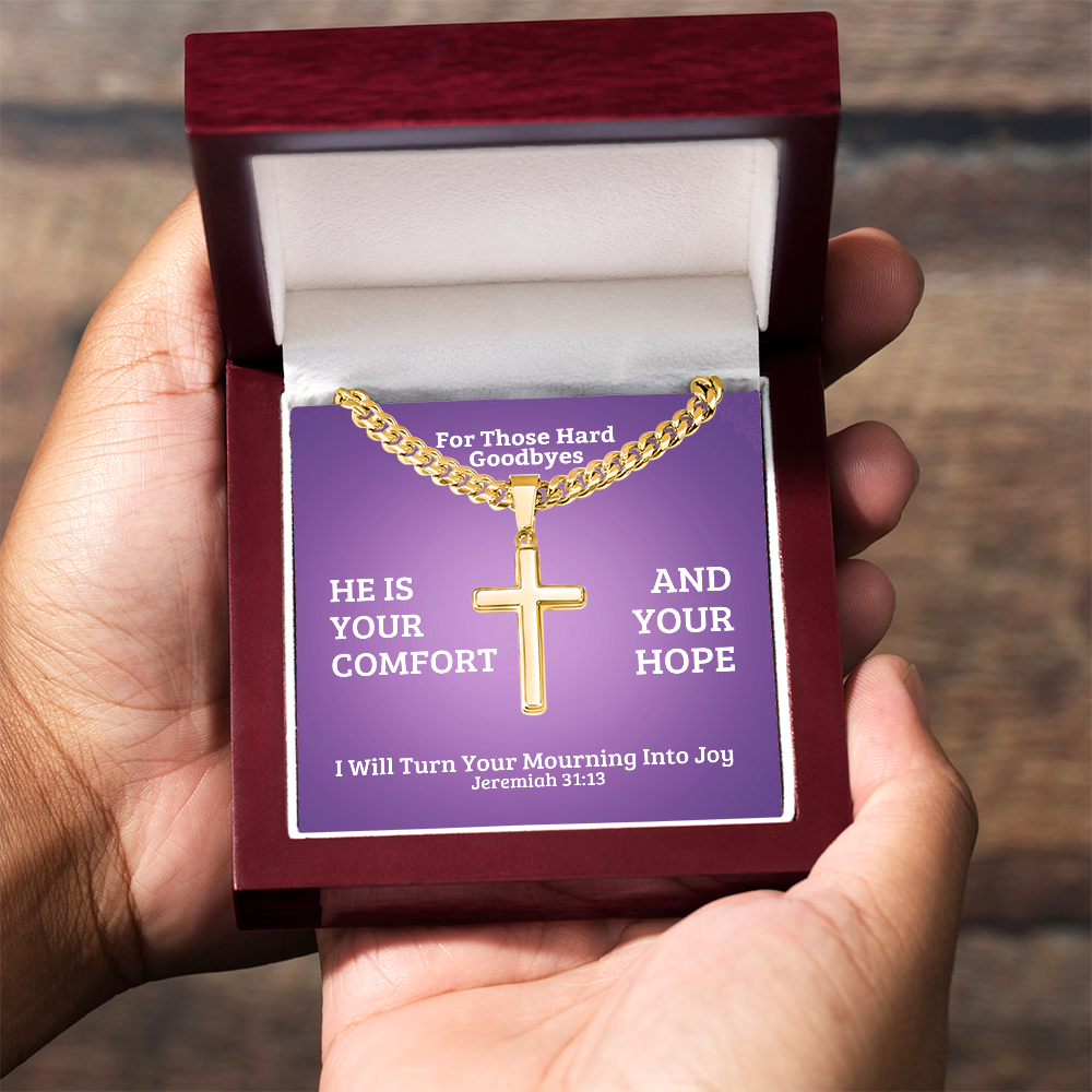 I Will Turn Your Mourning Into Joy (Jeremiah 31:13) | Premium Sterling Silver Cuban Link Cross Necklace