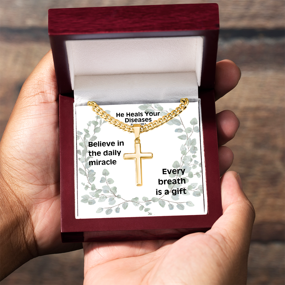 He Heals Your Diseases (Psalm 103:3) | Premium Sterling Silver Cuban Link Cross Necklace