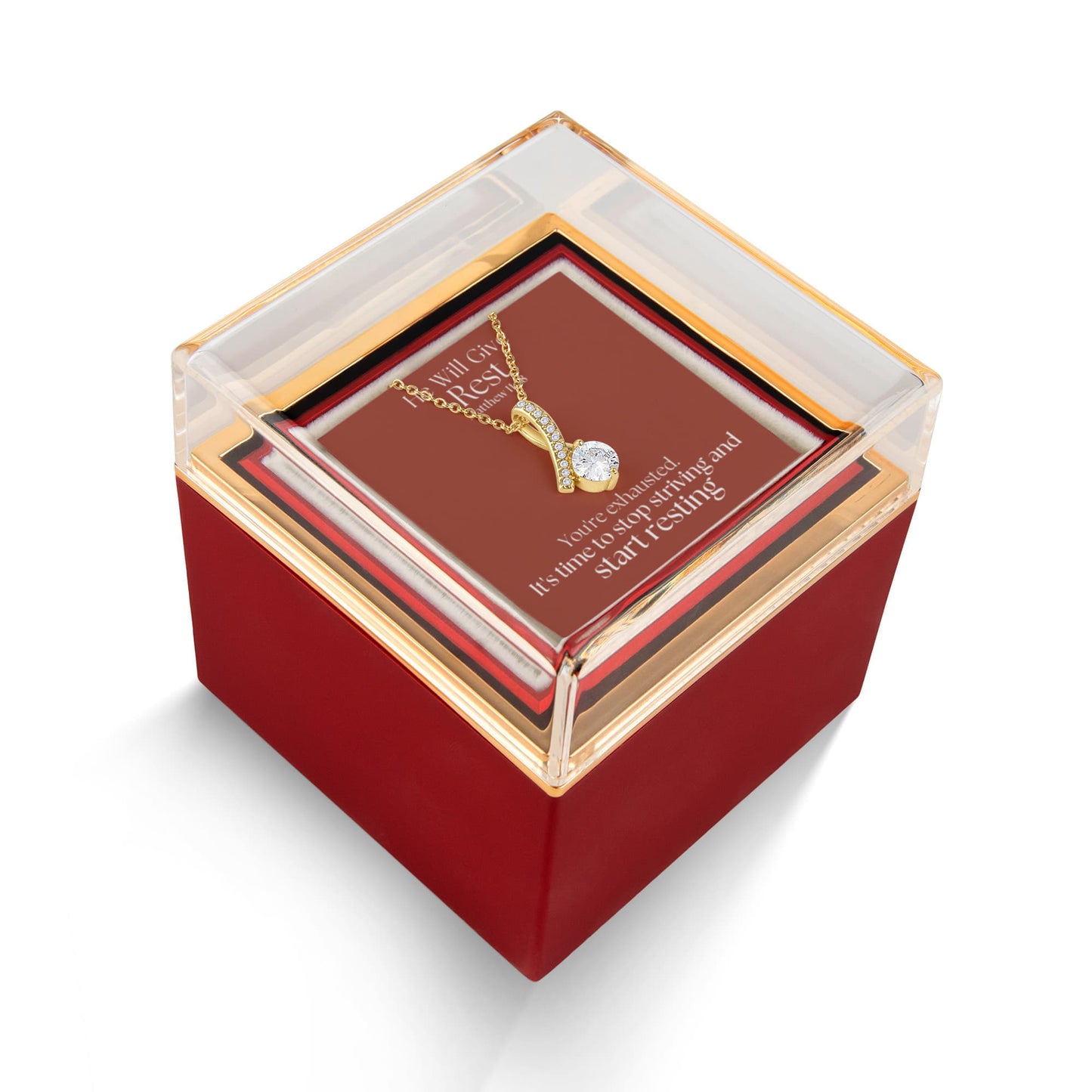 He Will Give Rest (Matthew 11:28) | Alluring Beauty Necklace in Rotating Rose Gift Box