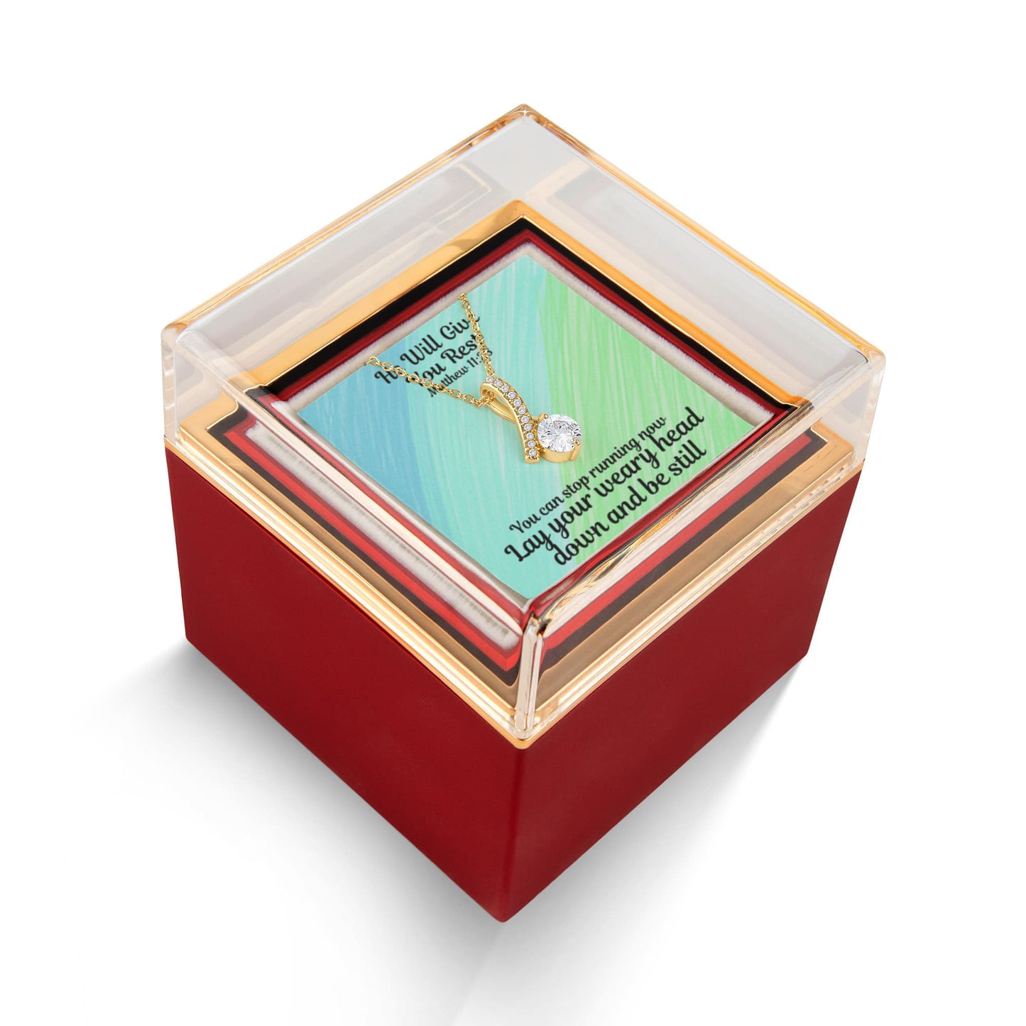 He Will Give You Rest (Matthew 11:28) | Alluring Beauty Necklace in Rotating Rose Gift Box